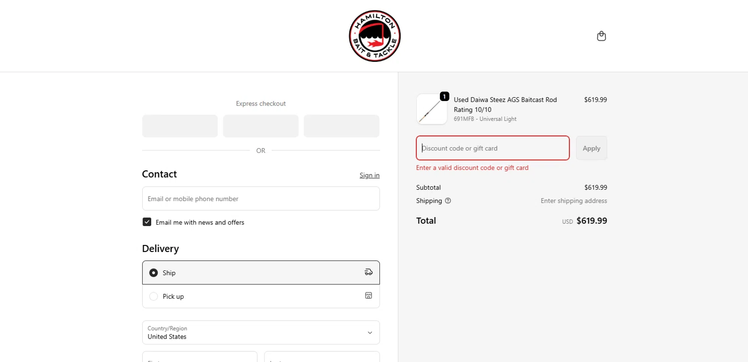 Hamilton Bait and Tackle promo code screenshot showing code TARIFF20 applied at Hamilton Bait and Tackle checkout page. Uploaded by SimplyCodes community member TOTONEROFL on Dec 24, 2025