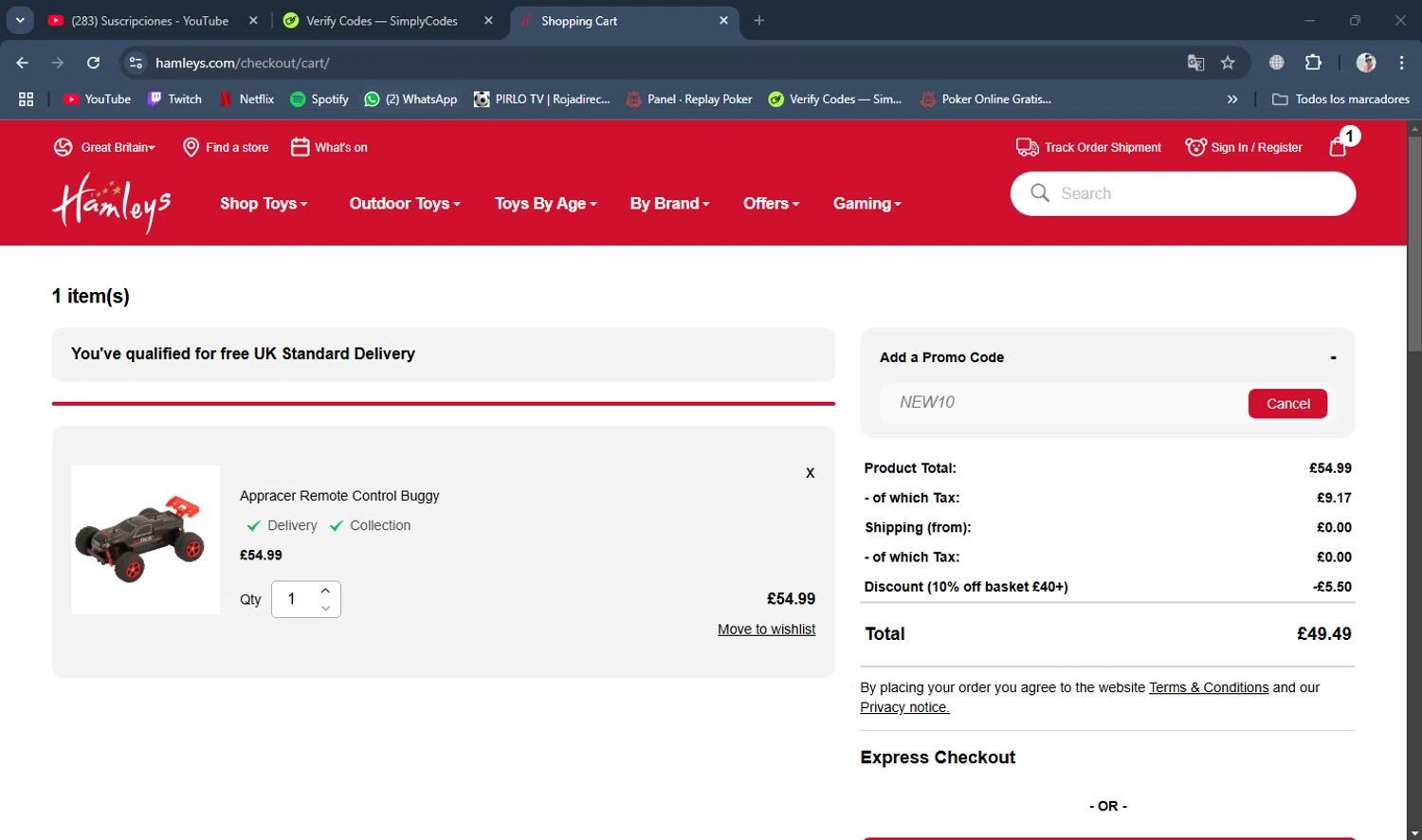 Hamleys discount code screenshot showing code NEW10 applied at Hamleys checkout page. Uploaded by SimplyCodes community member MGCAVILL on Mar 11, 2025