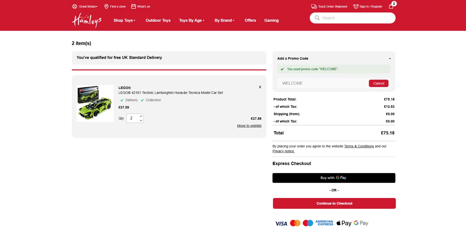 Hamleys discount code screenshot showing code WELCOME applied at Hamleys checkout page. Uploaded by SimplyCodes community member brrrrr on Jun 16, 2025
