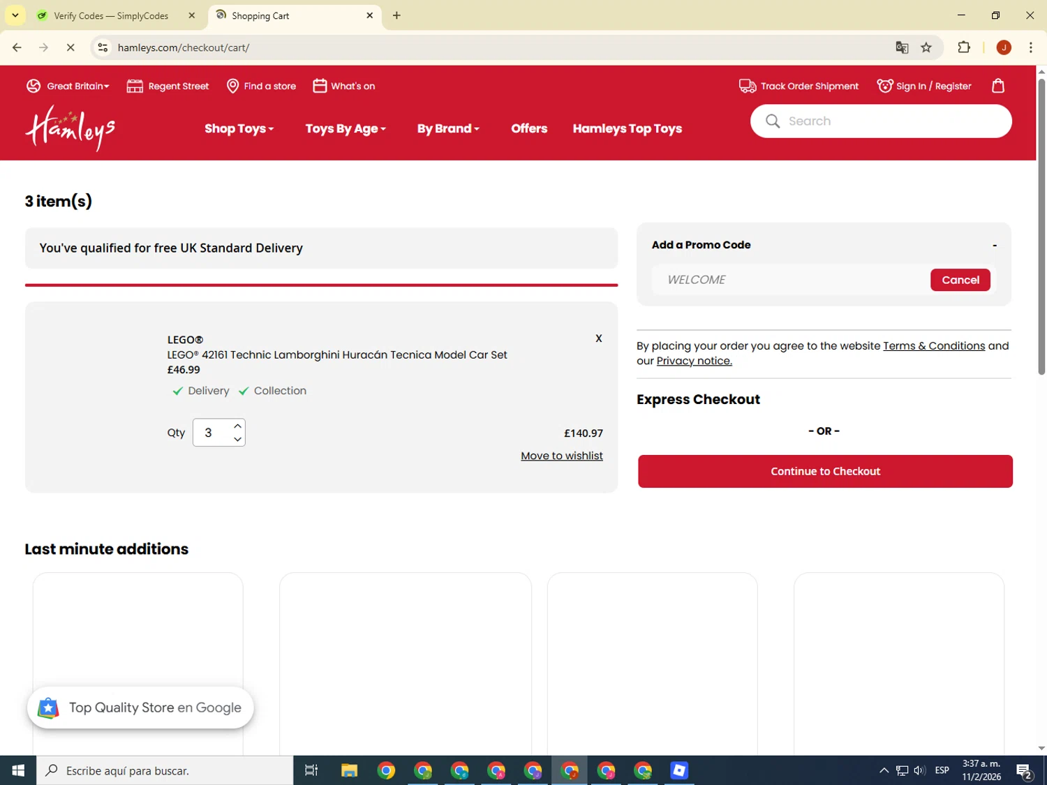 Hamleys discount code screenshot showing code WELCOME applied at Hamleys checkout page. Uploaded by SimplyCodes community member KimDokja on Feb 11, 2026