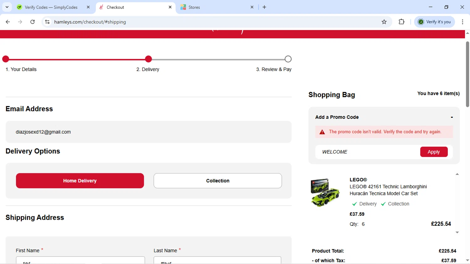 Hamleys discount code screenshot showing code WELCOME applied at Hamleys checkout page. Uploaded by SimplyCodes community member VoucherFox7461 on Jun 16, 2025