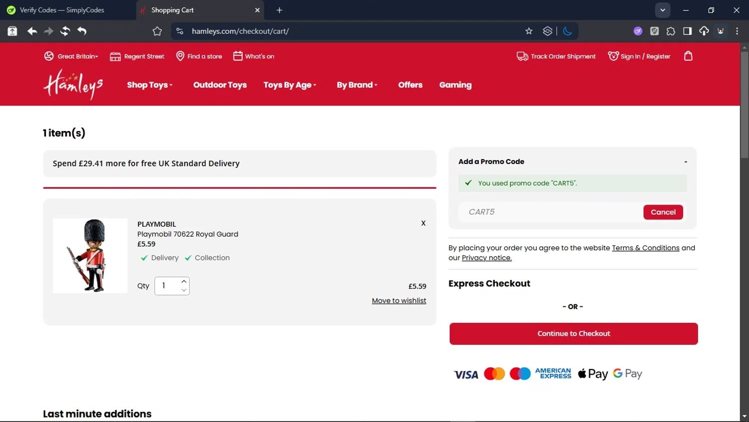 Hamleys discount code screenshot showing code CART5 applied at Hamleys checkout page. Uploaded by SimplyCodes community member ValiantHunter5929 on Aug 29, 2025