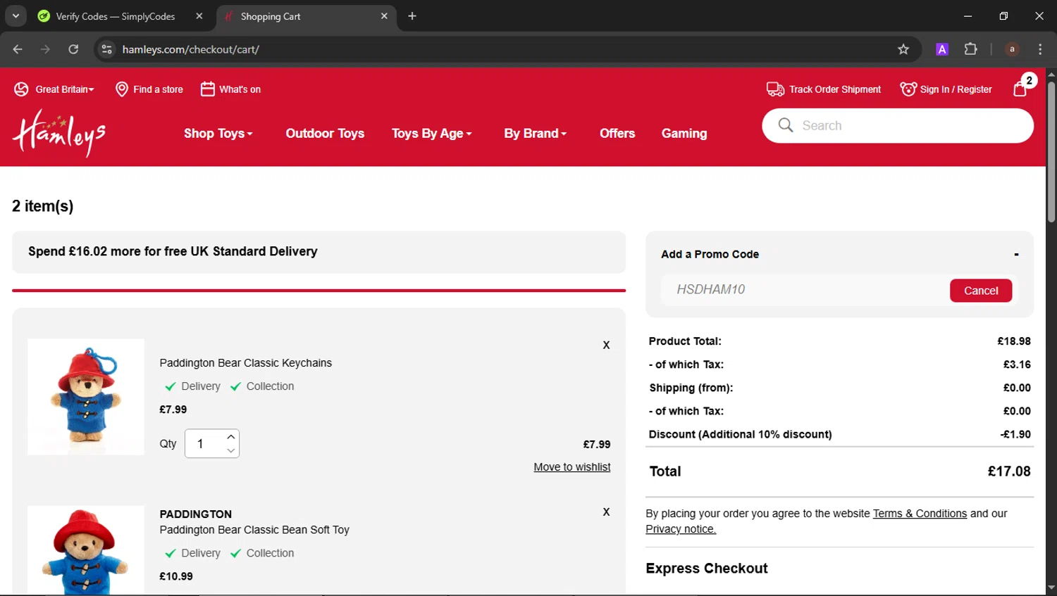 Hamleys discount code screenshot showing code HSDHAM10 applied at Hamleys checkout page. Uploaded by SimplyCodes community member b3stia_1 on Jun 25, 2025