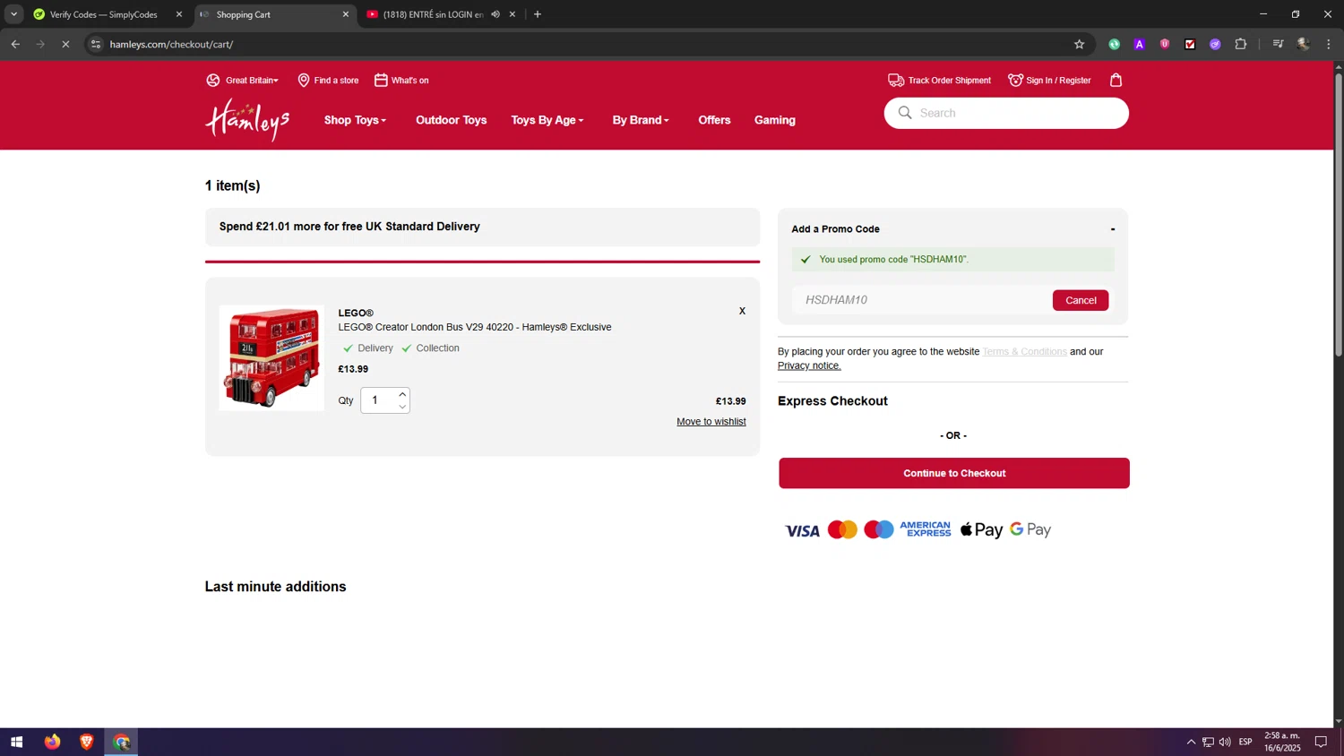 Hamleys discount code screenshot showing code HSDHAM10 applied at Hamleys checkout page. Uploaded by SimplyCodes community member eliaskao on Jun 16, 2025