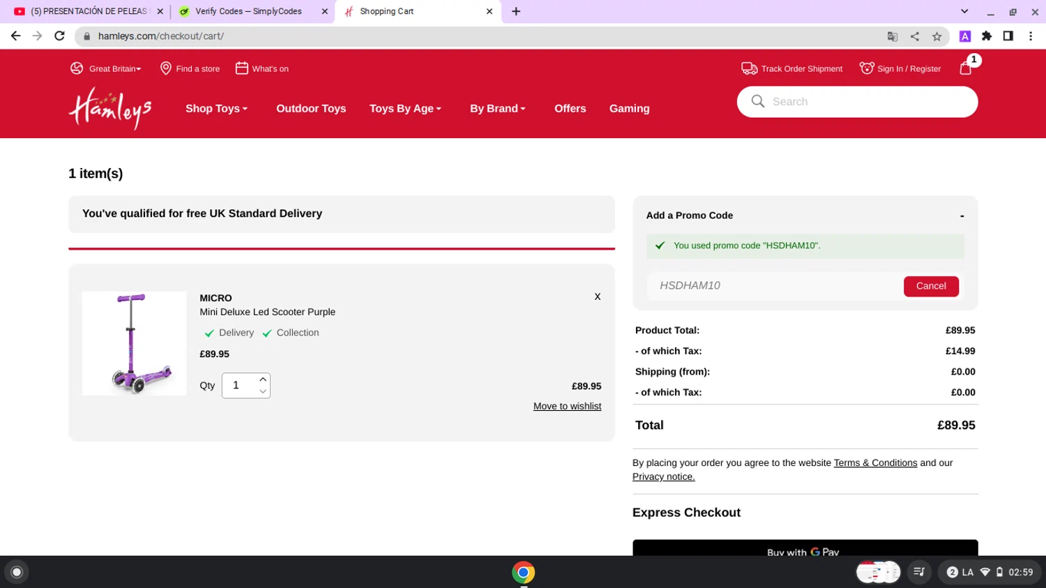 Hamleys discount code screenshot showing code HSDHAM10 applied at Hamleys checkout page. Uploaded by SimplyCodes community member lapampita on Jun 16, 2025