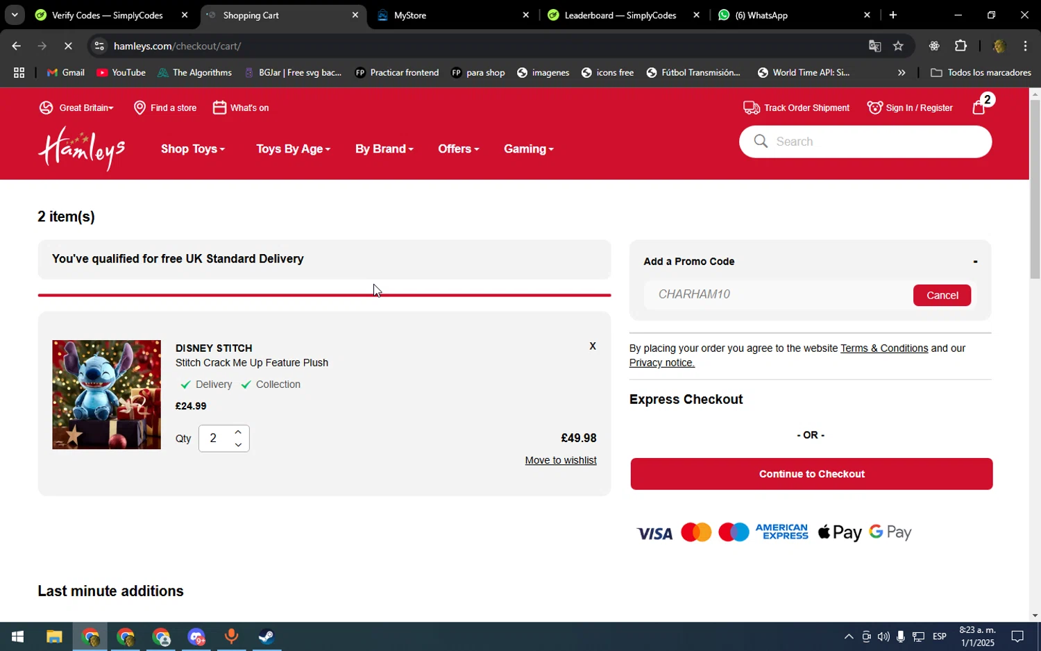 Hamleys discount code screenshot showing code CHARHAM10 applied at Hamleys checkout page. Uploaded by SimplyCodes community member kakakakakka on Jan 1, 2025