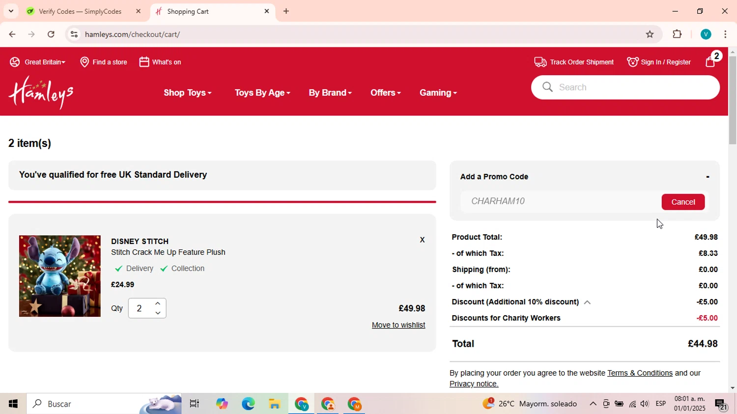 Hamleys discount code screenshot showing code CHARHAM10 applied at Hamleys checkout page. Uploaded by SimplyCodes community member SavingsShopper9150 on Jan 1, 2025