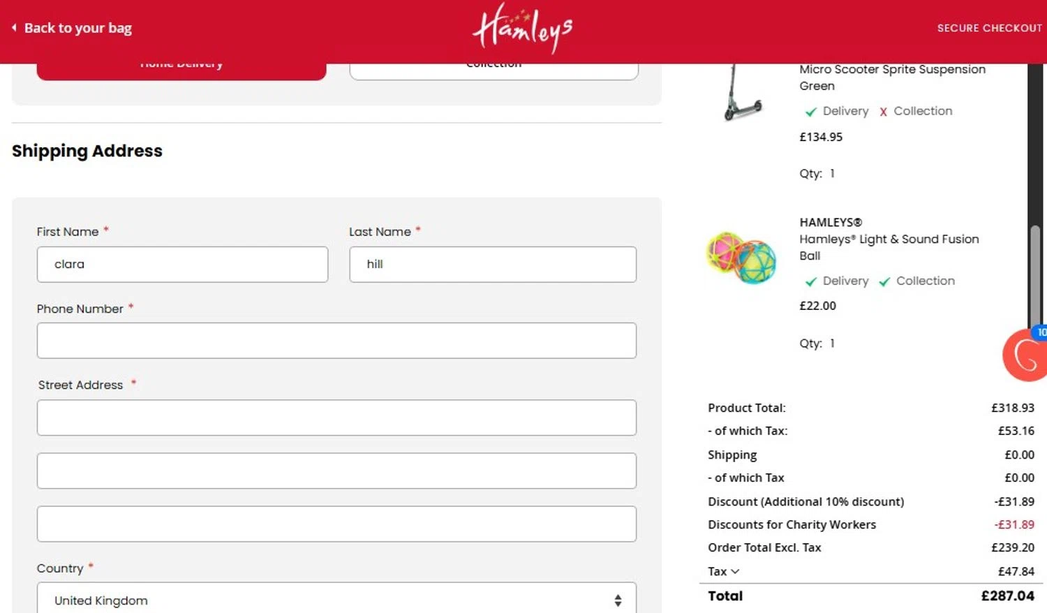 Hamleys discount code screenshot showing code CHARHAM10 applied at Hamleys checkout page. Uploaded by SimplyCodes community member Elcompa on Nov 9, 2025
