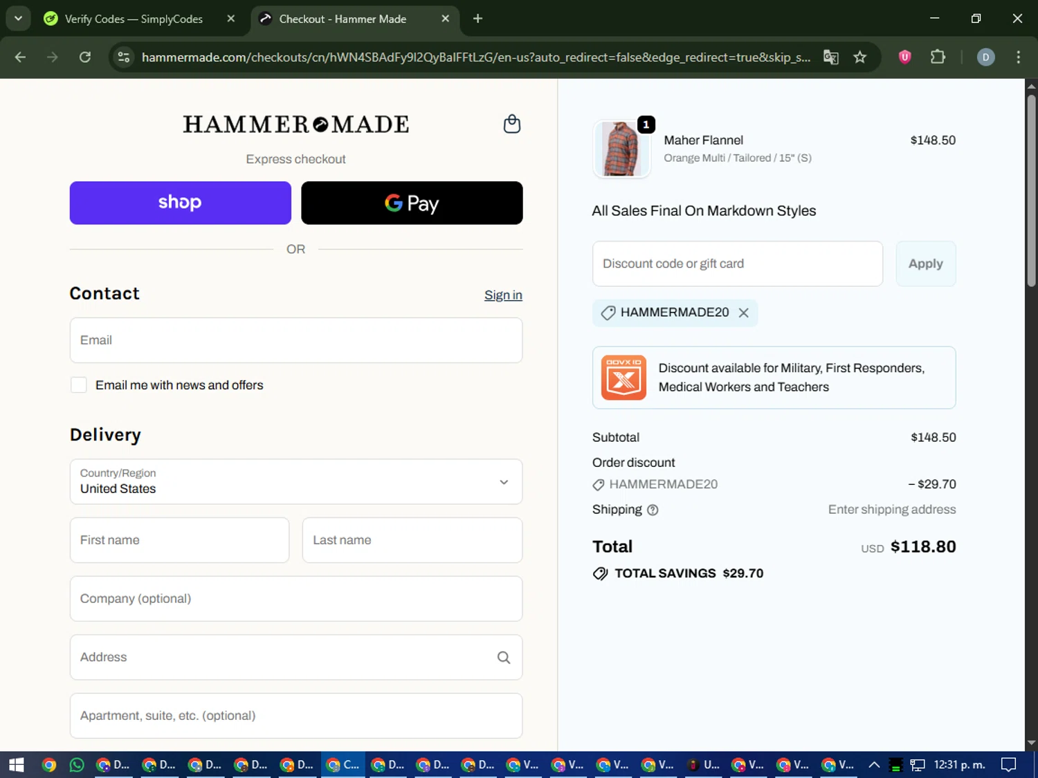 Hammer Made discount code screenshot showing code HAMMERMADE20 applied at Hammer Made checkout page. Uploaded by SimplyCodes community member CleverCurator2558 on Oct 23, 2025