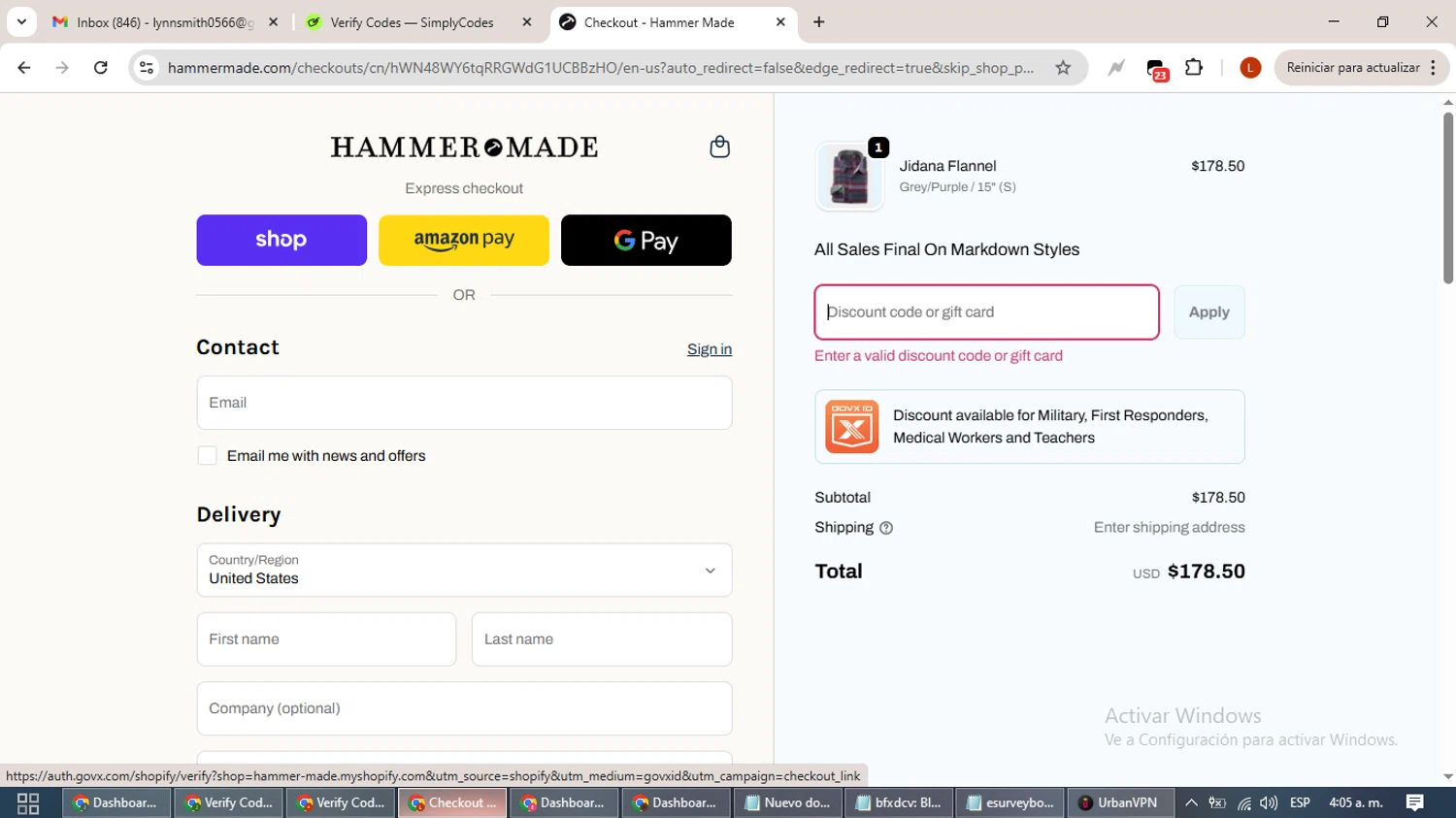 Hammer Made discount code screenshot showing code MILITARY10 applied at Hammer Made checkout page. Uploaded by SimplyCodes community member BonusHero9692 on Oct 15, 2025