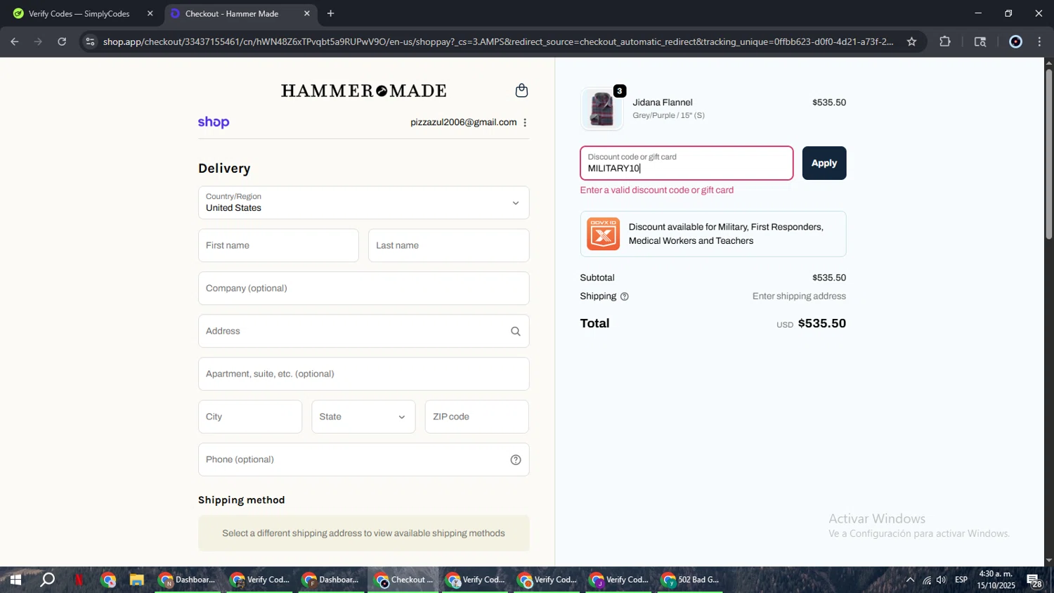 Hammer Made discount code screenshot showing code MILITARY10 applied at Hammer Made checkout page. Uploaded by SimplyCodes community member RoyalBoss4384 on Oct 15, 2025