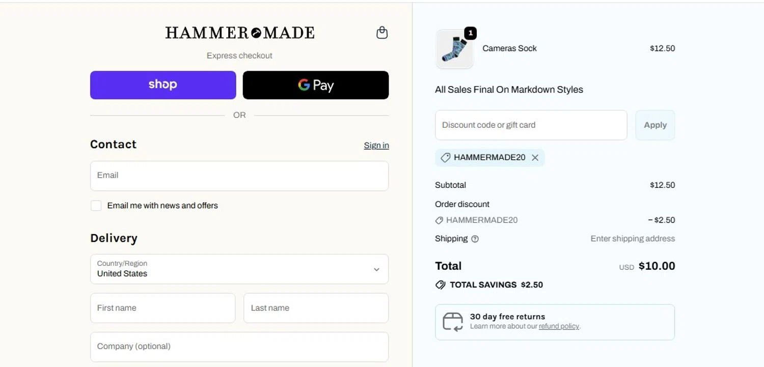 Hammer Made discount code screenshot showing code HAMMERMADE20 applied at Hammer Made checkout page. Uploaded by SimplyCodes community member frankrivero on Sep 23, 2025