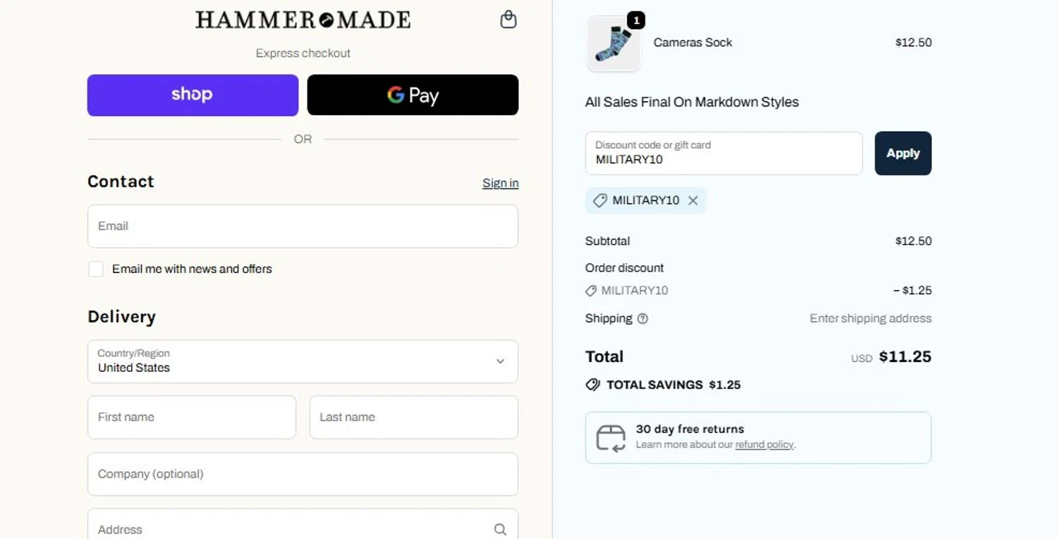 Hammer Made discount code screenshot showing code MILITARY10 applied at Hammer Made checkout page. Uploaded by SimplyCodes community member frankrivero on Sep 24, 2025