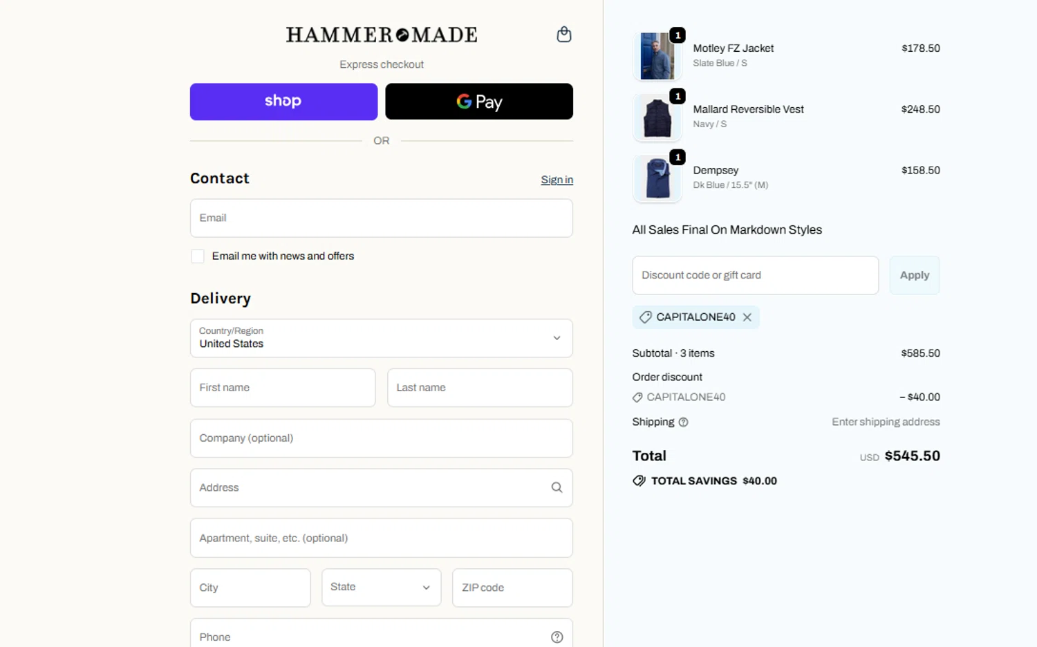 Hammer Made discount code screenshot showing code CAPITALONE40 applied at Hammer Made checkout page. Uploaded by SimplyCodes community member ylenisjordan on Sep 28, 2025