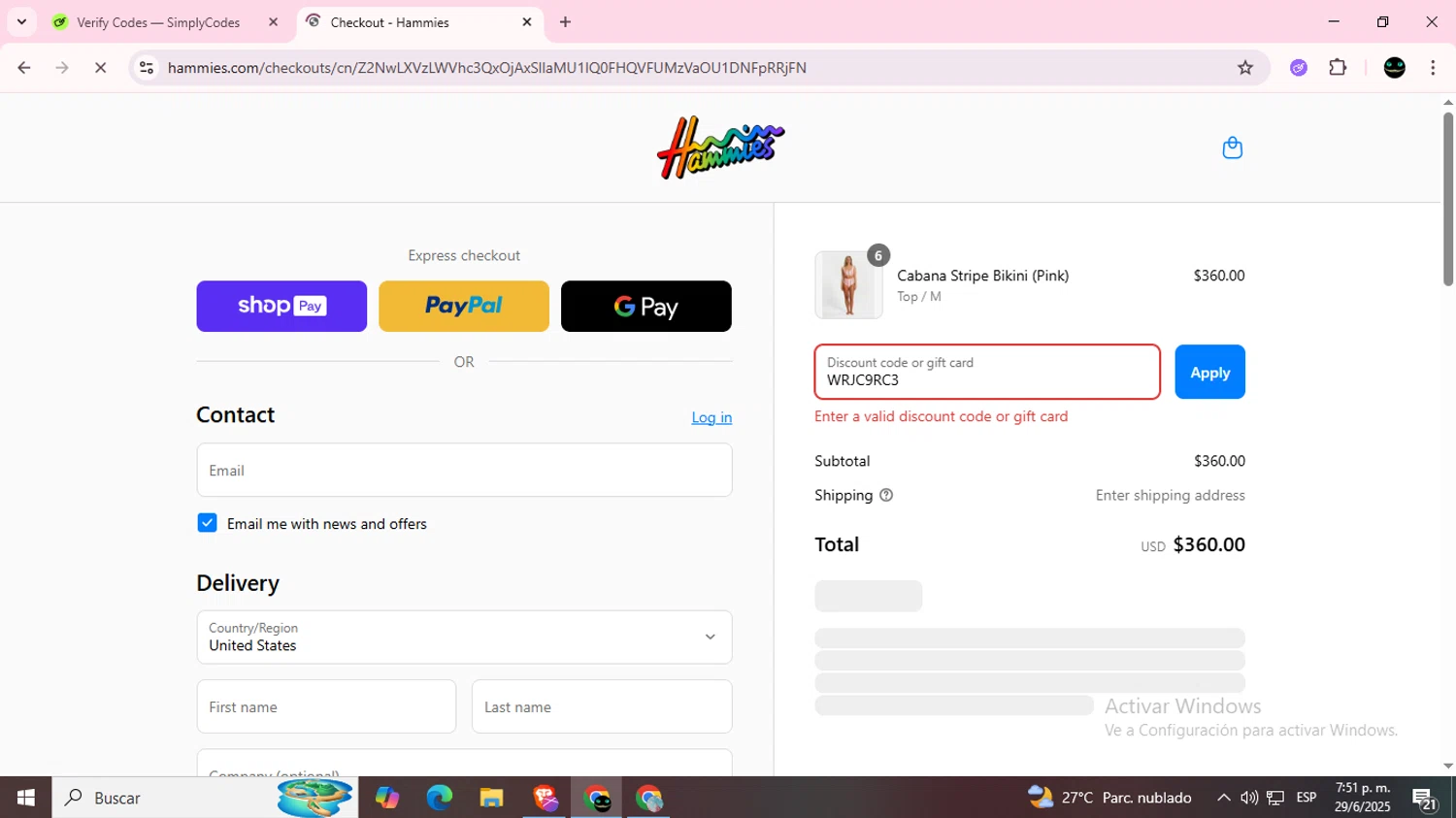 Hammies discount code screenshot showing code WRJC9RC3 applied at Hammies checkout page. Uploaded by SimplyCodes community member BargainWizard5755 on Jun 29, 2025