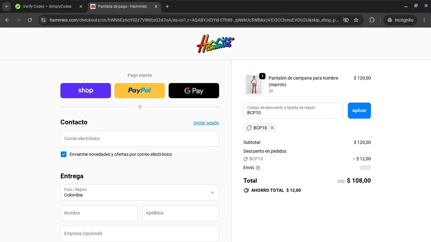 Hammies discount code screenshot showing code BCP10 applied at Hammies checkout page. Uploaded by SimplyCodes community member AVAMUSTANG on Dec 9, 2025