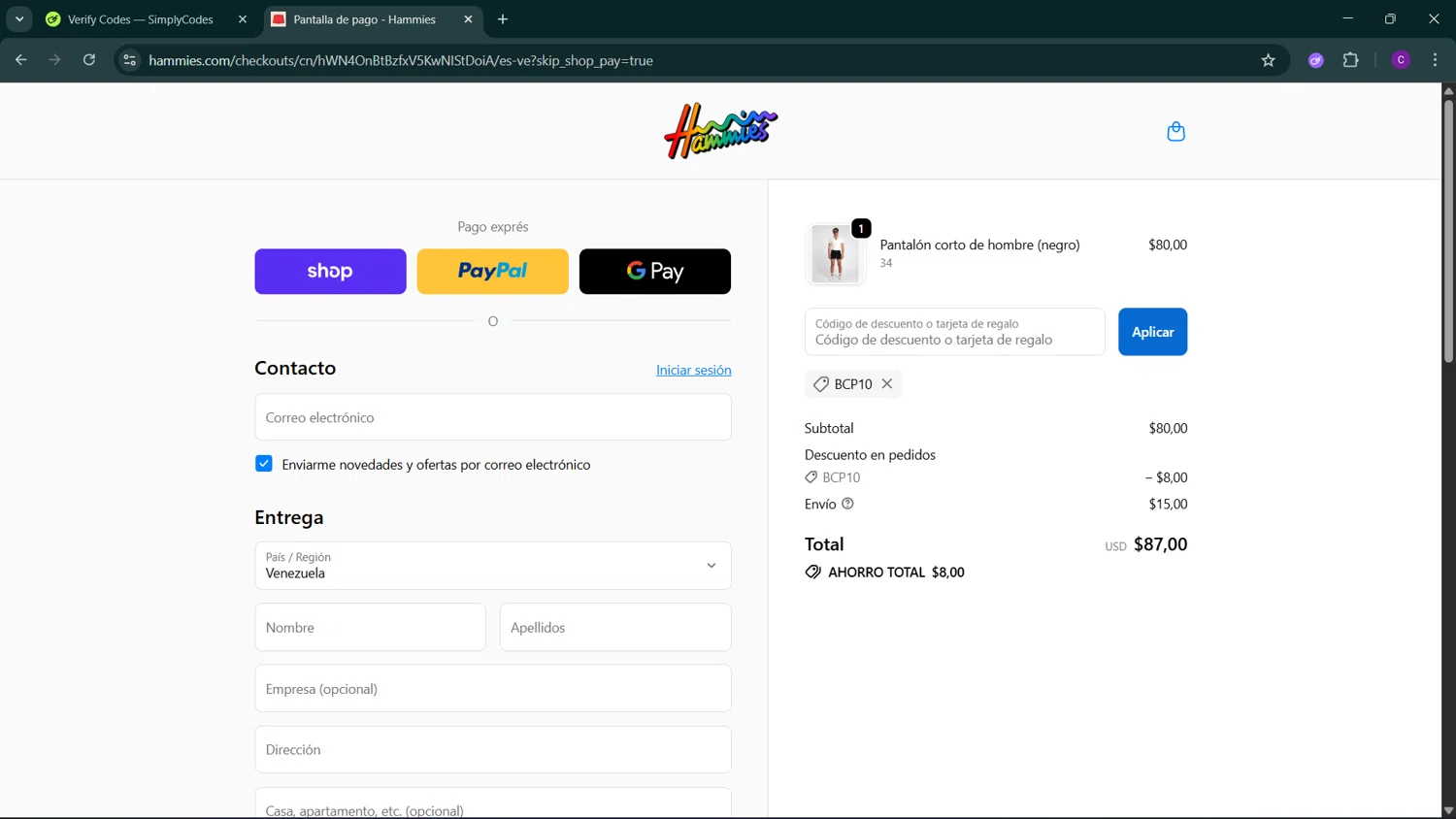Hammies discount code screenshot showing code BCP10 applied at Hammies checkout page. Uploaded by SimplyCodes community member GoldSeeker3096 on Oct 22, 2025