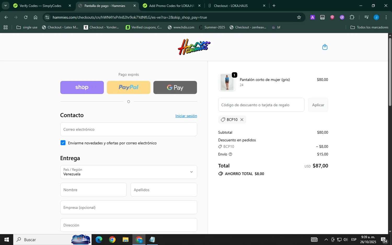 Hammies discount code screenshot showing code BCP10 applied at Hammies checkout page. Uploaded by SimplyCodes community member Xemocodes on Oct 26, 2025