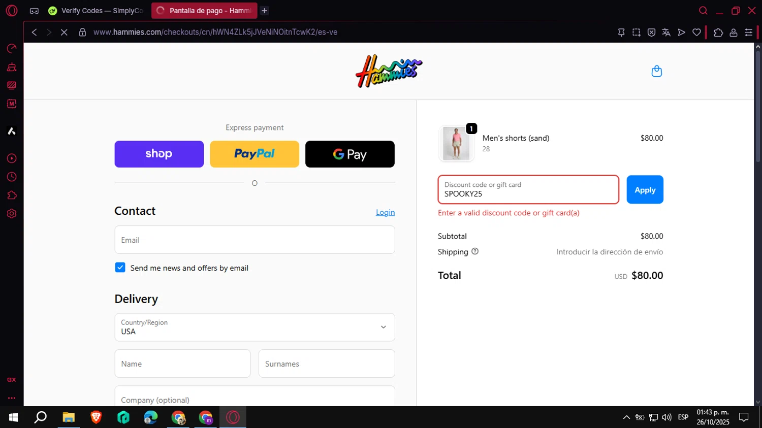 Hammies discount code screenshot showing code SPOOKY25 applied at Hammies checkout page. Uploaded by SimplyCodes community member VoucherCollector3778 on Oct 26, 2025