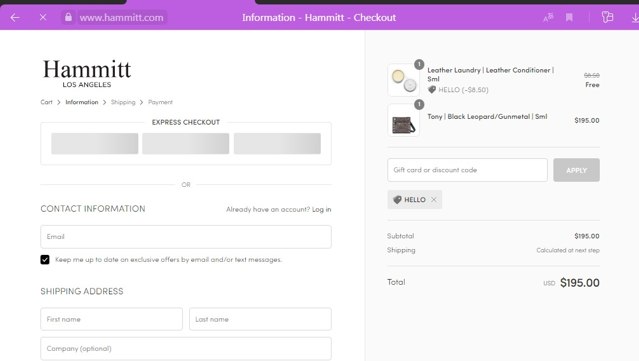 Hammitt checkout page showing Hammitt discount code box | Screenshot taken by SimplyCodes community member on Nov 28, 2020