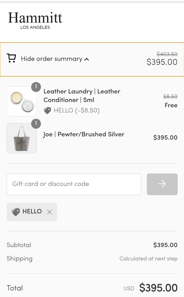 Hammitt checkout page showing Hammitt discount code box | Screenshot taken by SimplyCodes community member on Jan 12, 2021