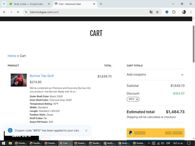 Hammock Gear checkout page showing Hammock Gear coupon code box | Screenshot taken by SimplyCodes community member on Sep 3, 2025