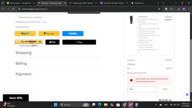 Hammock Gear checkout page showing Hammock Gear coupon code box | Screenshot taken by SimplyCodes community member on Jul 11, 2025