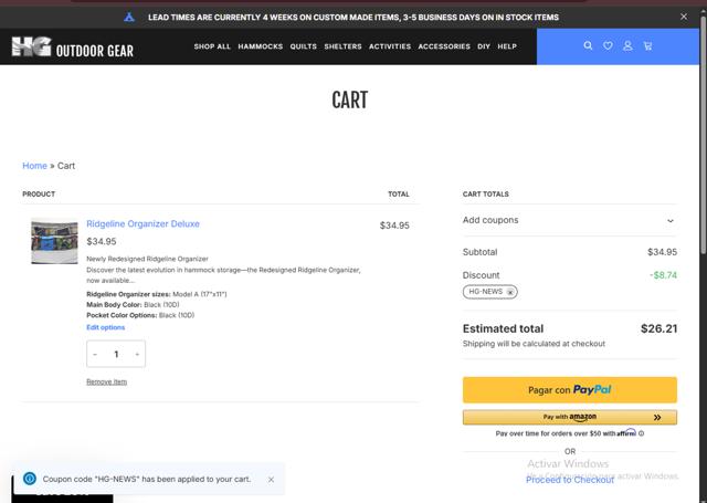 Hammock Gear checkout page showing Hammock Gear coupon code box | Screenshot taken by SimplyCodes community member on Aug 22, 2025
