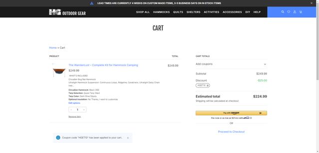 Hammock Gear checkout page showing Hammock Gear coupon code box | Screenshot taken by SimplyCodes community member on Aug 19, 2025
