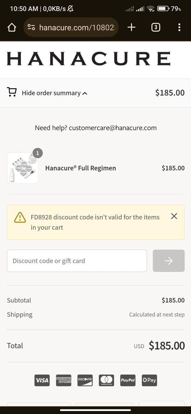 Hanacure checkout page showing Hanacure discount code box | Screenshot taken by SimplyCodes community member on Jan 24, 2024