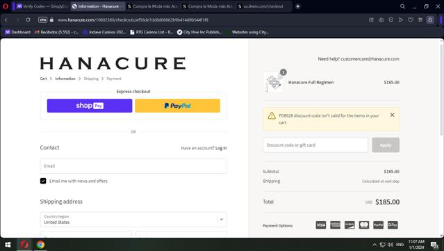 Hanacure checkout page showing Hanacure discount code box | Screenshot taken by SimplyCodes community member on Jan 1, 2024