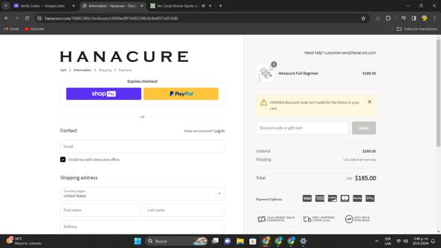 Hanacure checkout page showing Hanacure discount code box | Screenshot taken by SimplyCodes community member on Jan 10, 2024