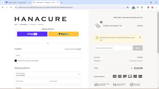Hanacure checkout page showing Hanacure discount code box | Screenshot taken by SimplyCodes community member on Jan 1, 2024