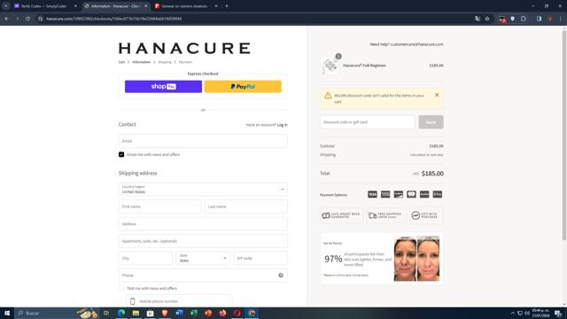 Hanacure checkout page showing Hanacure discount code box | Screenshot taken by SimplyCodes community member on Jan 21, 2024