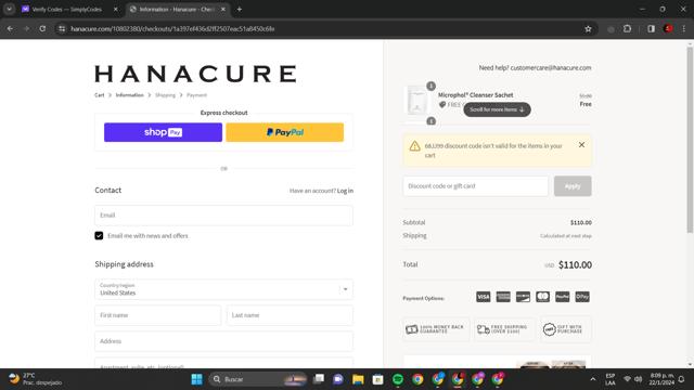 Hanacure checkout page showing Hanacure discount code box | Screenshot taken by SimplyCodes community member on Jan 23, 2024