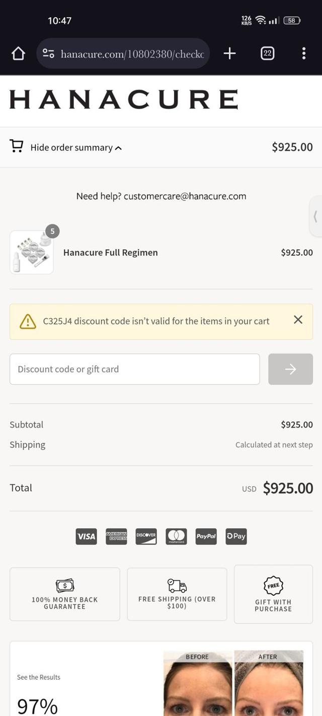 Hanacure checkout page showing Hanacure discount code box | Screenshot taken by SimplyCodes community member on Jan 3, 2024