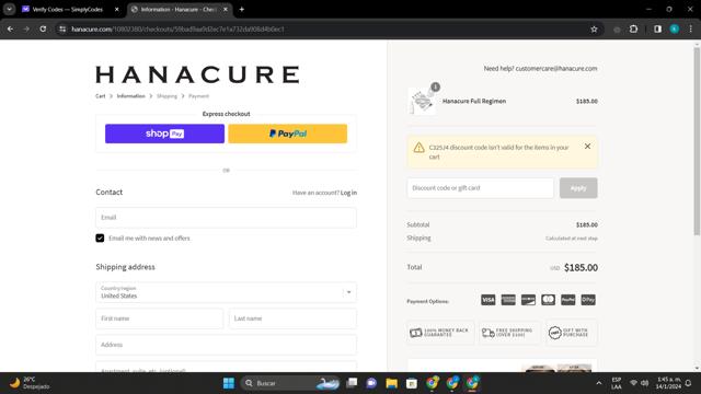 Hanacure checkout page showing Hanacure discount code box | Screenshot taken by SimplyCodes community member on Jan 14, 2024