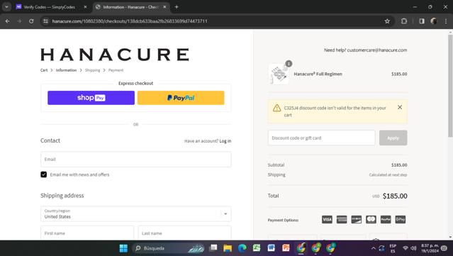 Hanacure checkout page showing Hanacure discount code box | Screenshot taken by SimplyCodes community member on Jan 20, 2024