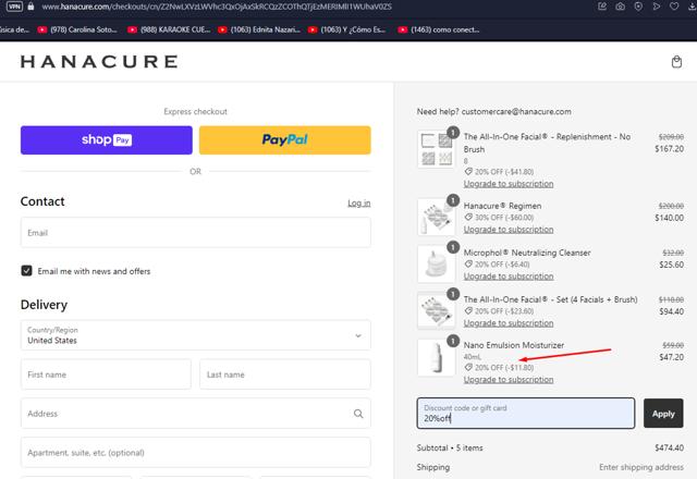 Hanacure checkout page showing Hanacure discount code box | Screenshot taken by SimplyCodes community member on Nov 23, 2024