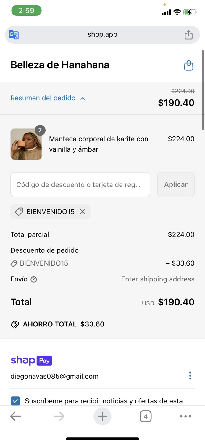 Hanahana Beauty discount code screenshot showing code WELCOME15 applied at Hanahana Beauty checkout page. Uploaded by SimplyCodes community member morapr on Jun 7, 2025