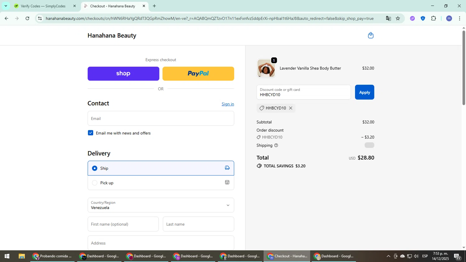 Hanahana Beauty discount code screenshot showing code HHBCYD10 applied at Hanahana Beauty checkout page. Uploaded by SimplyCodes community member QuestDefender2661 on Dec 14, 2025