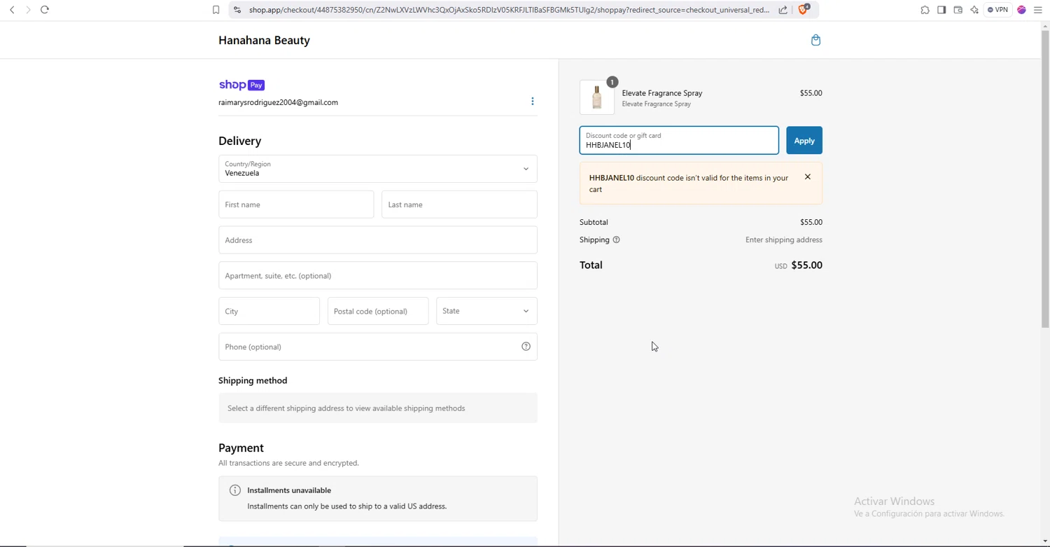 Hanahana Beauty discount code screenshot showing code HHBJANEL10 applied at Hanahana Beauty checkout page. Uploaded by SimplyCodes community member Raiiii18 on Jan 23, 2025