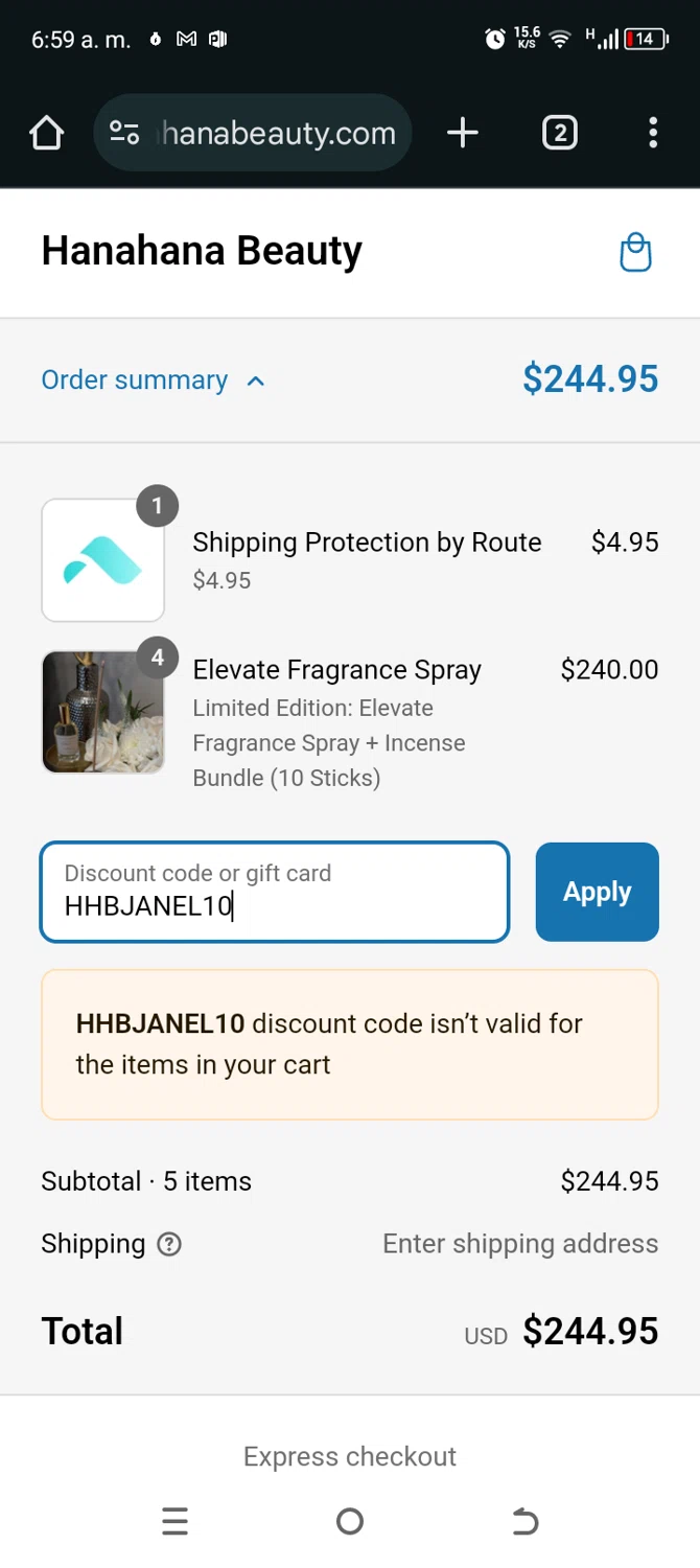 Hanahana Beauty discount code screenshot showing code HHBJANEL10 applied at Hanahana Beauty checkout page. Uploaded by SimplyCodes community member TokenAce5969 on Mar 12, 2025
