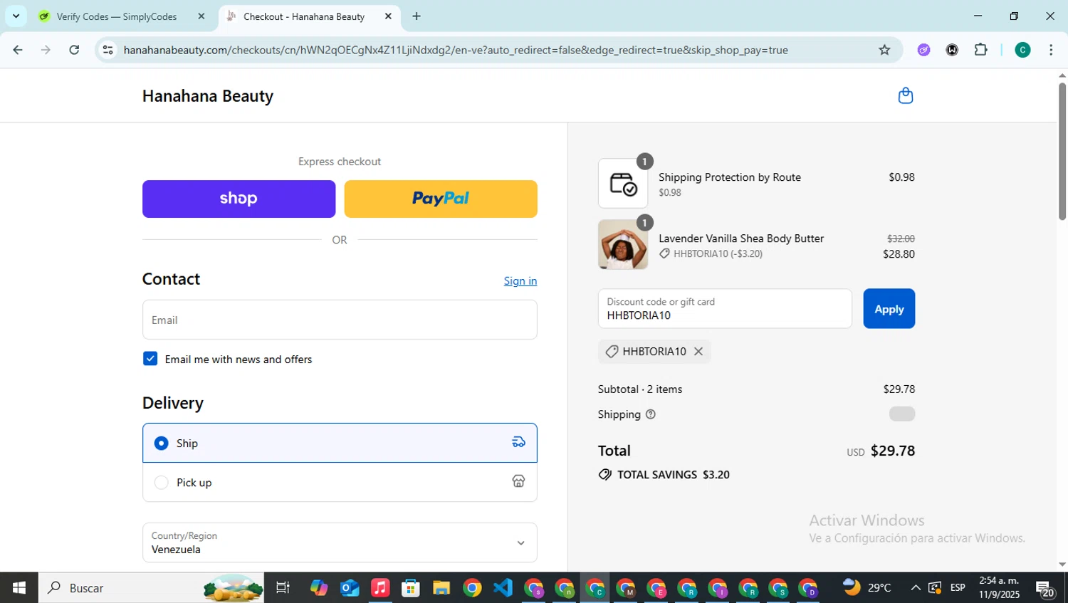 Hanahana Beauty discount code screenshot showing code HHBTORIA10 applied at Hanahana Beauty checkout page. Uploaded by SimplyCodes community member BonusPilot927 on Sep 11, 2025