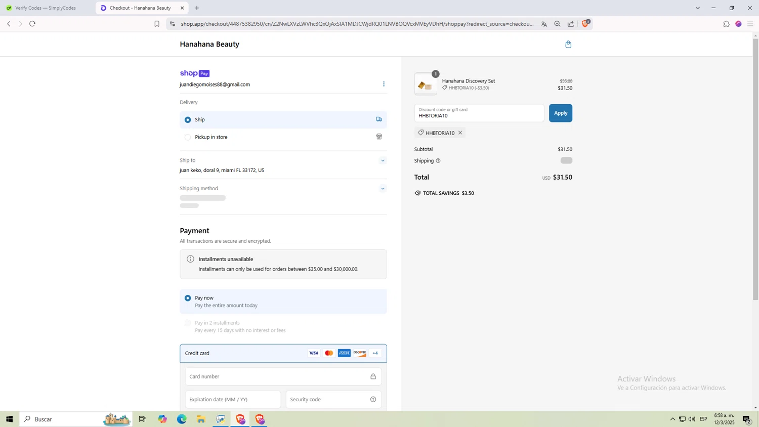 Hanahana Beauty discount code screenshot showing code HHBTORIA10 applied at Hanahana Beauty checkout page. Uploaded by SimplyCodes community member NARUTO_UZUMAKIsx on Mar 12, 2025