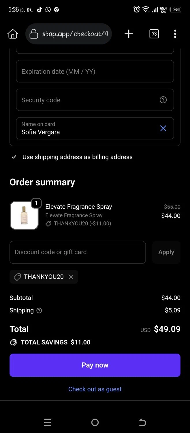Hanahana Beauty discount code screenshot showing code Thankyou20 applied at Hanahana Beauty checkout page. Uploaded by SimplyCodes community member Pipina11 on Oct 21, 2025
