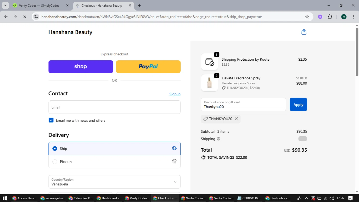 Hanahana Beauty discount code screenshot showing code Thankyou20 applied at Hanahana Beauty checkout page. Uploaded by SimplyCodes community member suieeloves on Oct 9, 2025