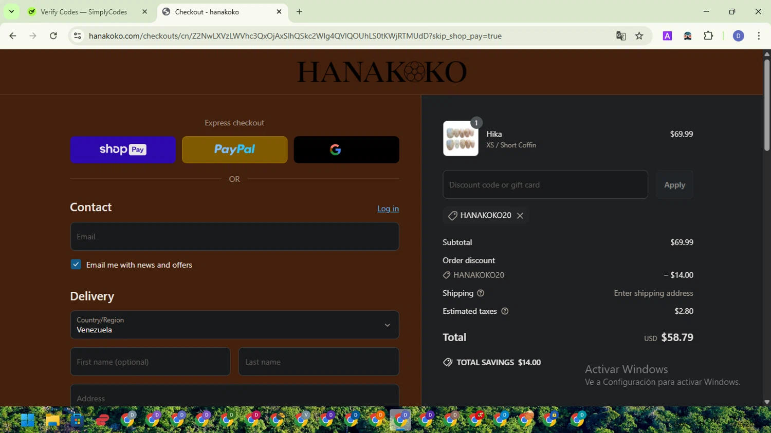 hanakoko discount code screenshot showing code hanakoko20 applied at hanakoko checkout page. Uploaded by SimplyCodes community member VoucherTitan8325 on Jun 14, 2025