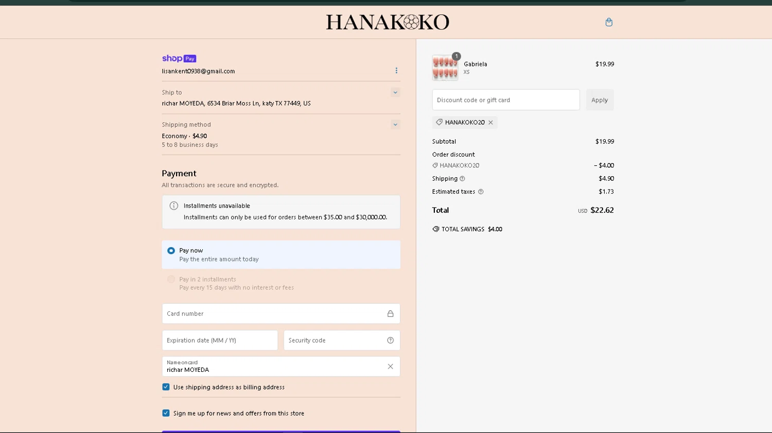 hanakoko discount code screenshot showing code hanakoko20 applied at hanakoko checkout page. Uploaded by SimplyCodes community member sakisaki on Jan 29, 2025