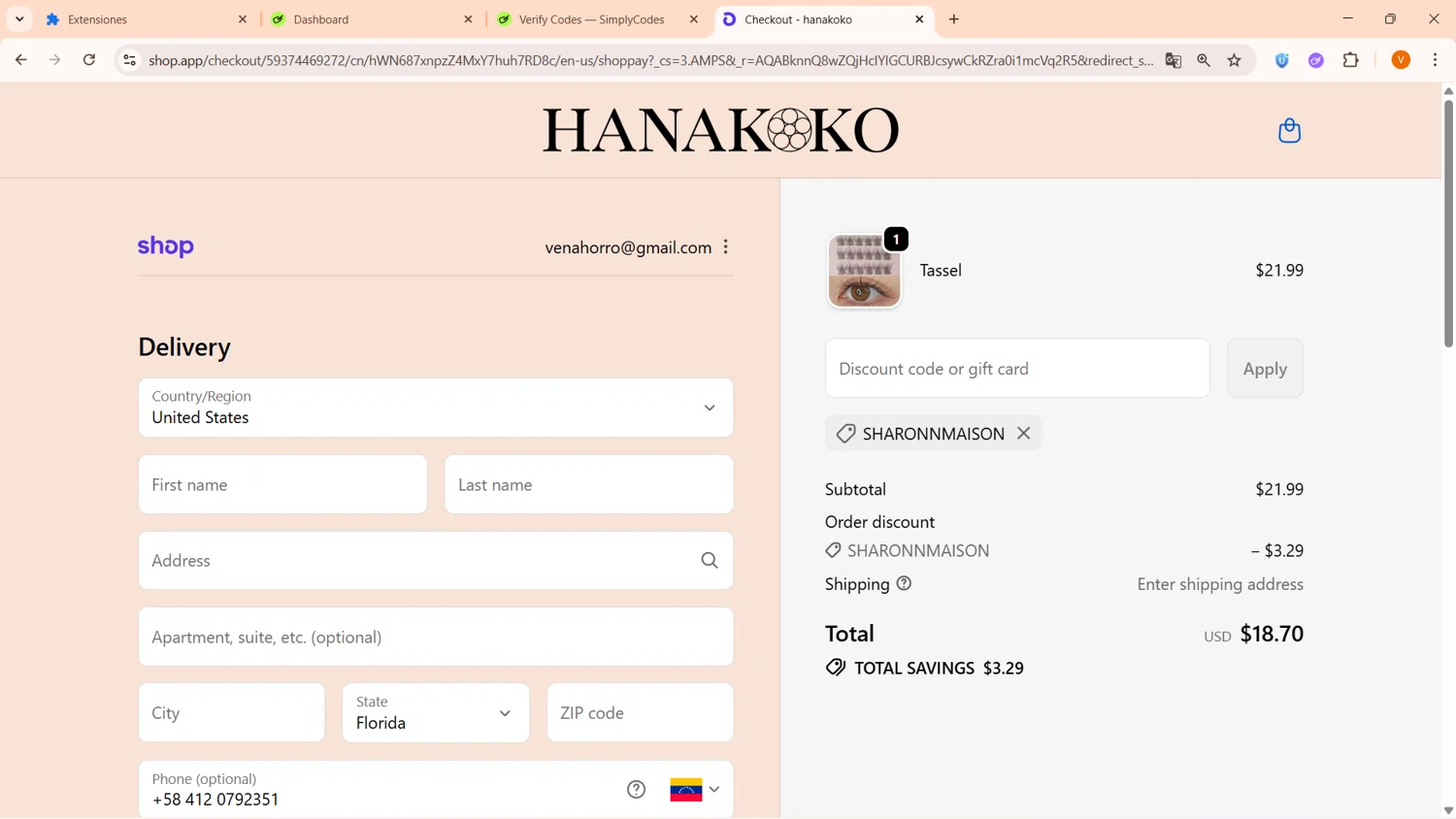 hanakoko discount code screenshot showing code SHARONNMAISON applied at hanakoko checkout page. Uploaded by SimplyCodes community member FortunateFinder9465 on Dec 6, 2025